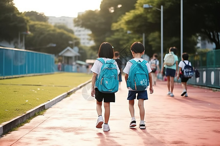 蓝色书包小学生背着背包上学放学背景