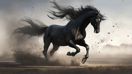 一匹马一匹散发着浓雾和灰尘的奔跑的黑马插画