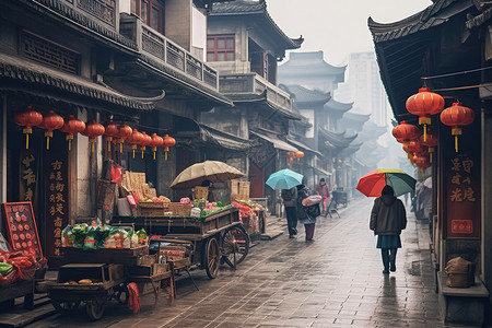 下雨天街道雨天的烟火古街插画