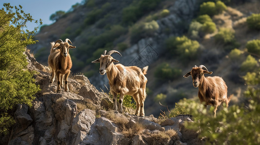 野生动物岩石山坡上的野生山羊插画