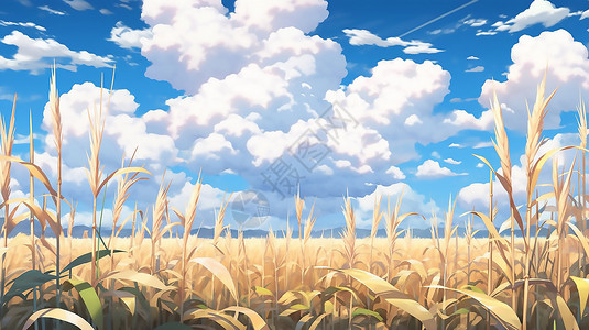 金色健康素材夏季天空布满云彩的金色麦田插画