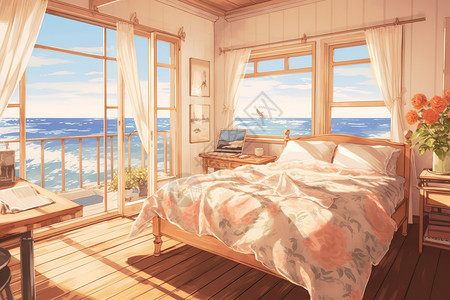 海景卧室面朝大海春暖花开的卧室水彩插图插画