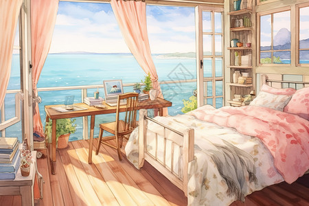 面朝大海的卧室水彩画背景图片