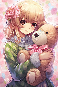 抱着毛绒玩具熊可爱的动漫二次元女孩图片