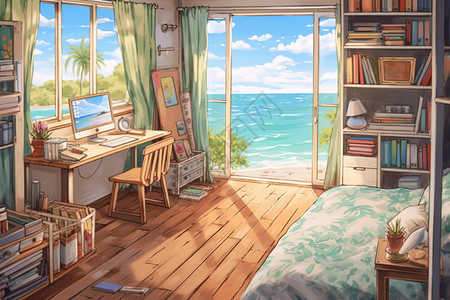 书房阳台面朝大海的书房电脑桌书架插画