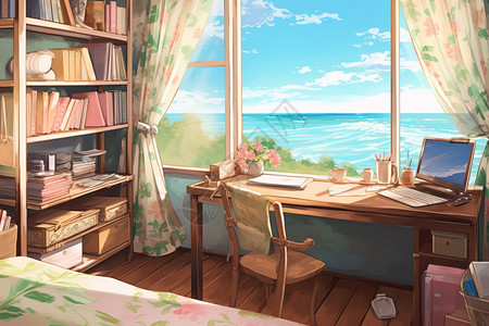 书房阳台面朝大海的书房卧室插画