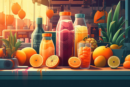 榨汁海报橙色橙汁果汁海报风景插画