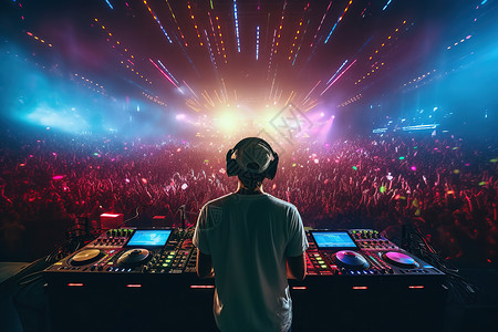歌手背景一位戴着耳机的DJ站在前插画