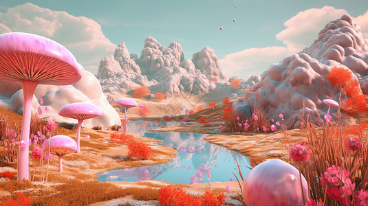 梦幻的奇特蘑菇石世界背景图片