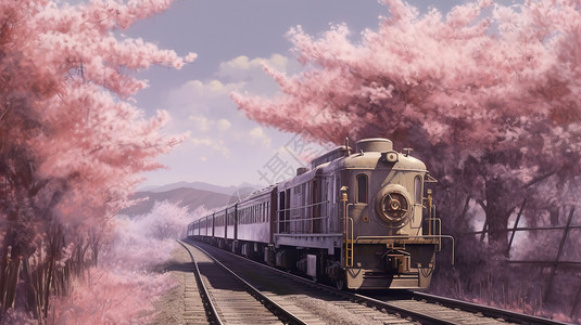 樱桃树和火车列车通过樱花树道插画