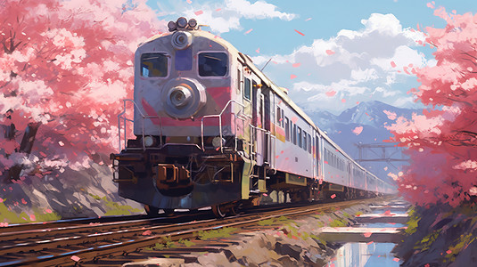春日里经过樱花树的列车插画
