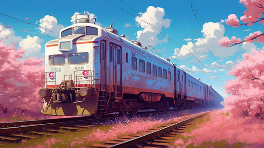 经过樱花树的有轨列车背景图片