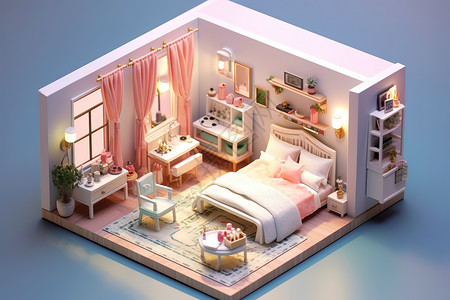 3D家具模型3D等距模型卧室室内设计插画