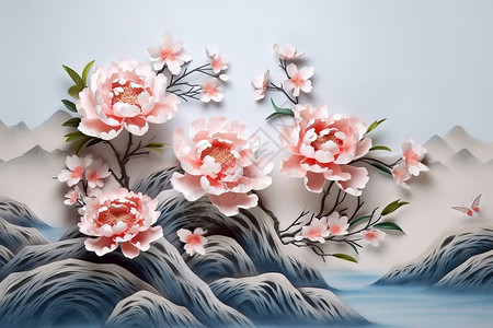 浮雕美丽牡丹花中国风高清图片