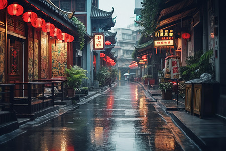 夜景朦胧烟雨朦胧的古城古镇旅游景点插画