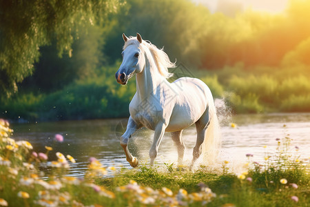 在河边草地上奔跑溅起水花的白马图片