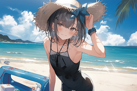 漂亮女孩在沙滩穿着泳衣漫画图片