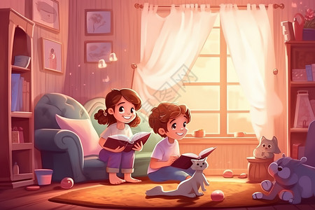 男孩和女孩在客厅里读故事儿童插图插画