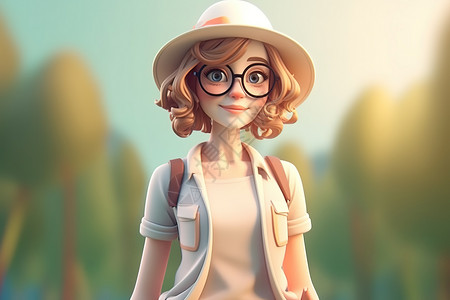可爱眼镜女生戴着帽子背包旅行的可爱女生皮克斯插画