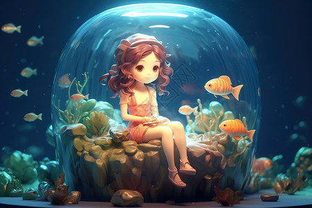 玻璃水族鱼缸可爱的美人鱼女孩3d艺术插画