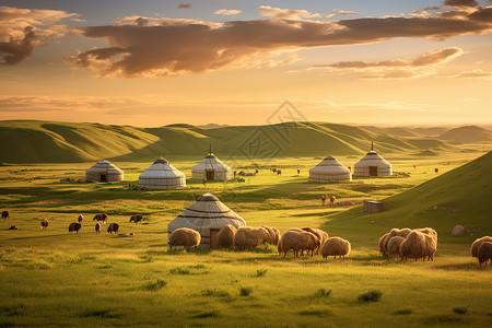 蒙古包室内草原上蒙古包绵羊游牧插画