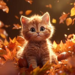踩在落叶上可爱的小猫图片