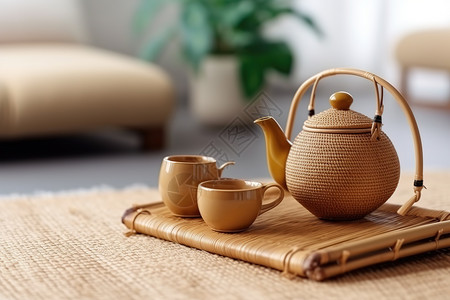 茶壶茶文化竹席上茶壶和杯子插画