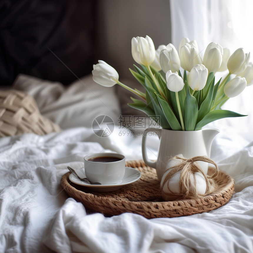 床上的咖啡和白色郁金香图片