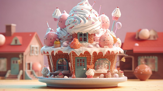 精美小蛋糕在餐盘里的房屋造型冰淇淋插画