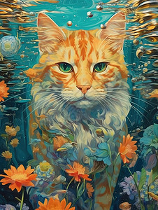 橘猫在水下背景图片