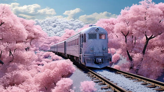 樱花铁轨长长的火车经过樱花树林插画