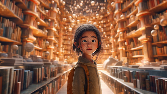 小女孩在观察书屋背景图片