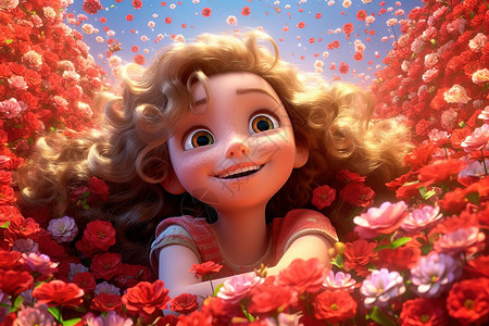 可爱的小女孩躺在玫瑰花海背景图片