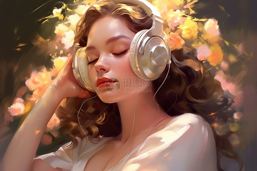 听音乐的女孩精致的花朵包围图片