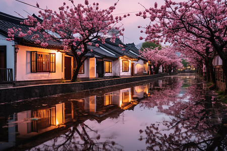 雨后黄昏春天盛开的樱花雨后江南古镇插画