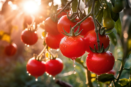 一串番茄菜园里新鲜的西红柿水珠插画