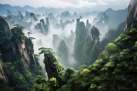 云雾迷绕中国山峰云雾环绕群山雾绕瀑布插画