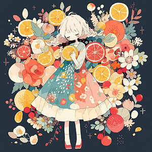 鲜艳花朵包围的女孩插画背景图片