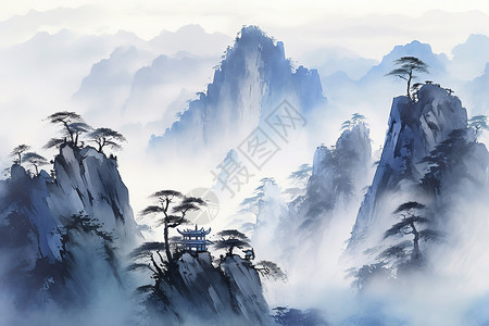 泰山壮丽景色中国传统水墨山水画图片