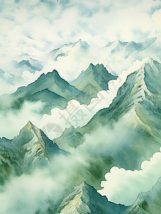 云海山峰中国水彩画背景图片