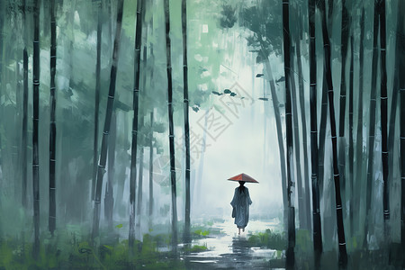 在雨天走路人古风武侠穿梭在竹林中插画