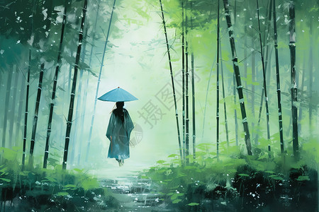 在雨天走路人古风武侠穿梭在竹林中插画