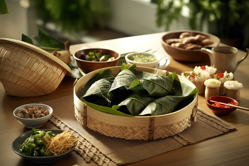 端午节竹篮糥米粽子图片