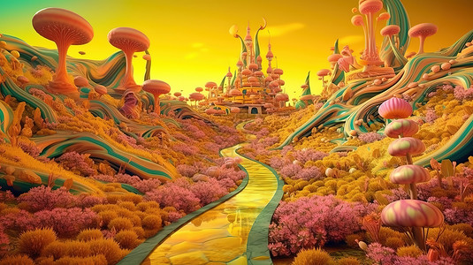 迷幻的森林蘑菇风景插图,梦幻的美丽山间风景背景图片