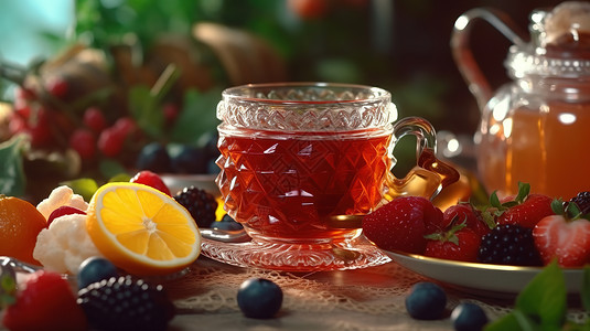 红茶饮品餐桌上的新鲜水果和红茶插画