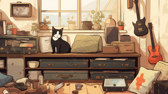 卡通房间里一只猫坐在桌子上背景图片