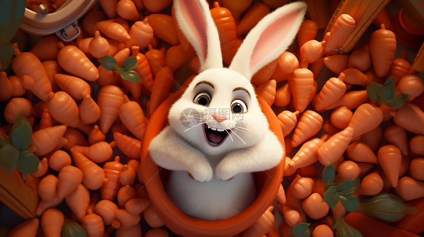 大笑的卡通立体小白兔在满是胡萝卜的洞中图片
