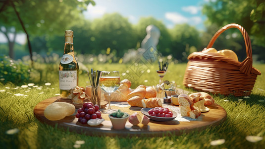 奶酪篮在户外草地上美味的野餐食物插画