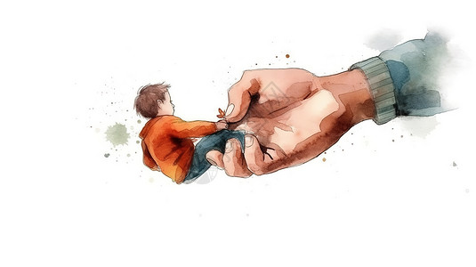 握着的手父亲手里握着一个小孩子的水彩画插画