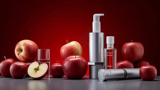 透明护肤品玻璃瓶时尚护肤品套装与红色苹果实拍设计图片